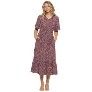 West K Women's Bethany Smocked Pattern Tiered Midi Dress Wine Size Large